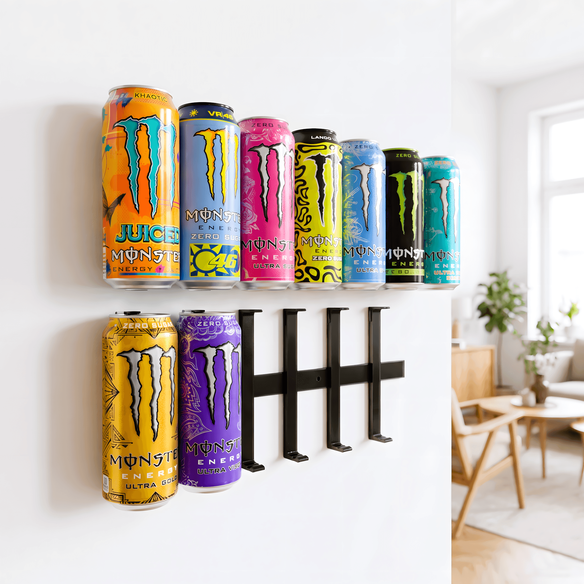 Monsters can with can wall organizer attached to the wall